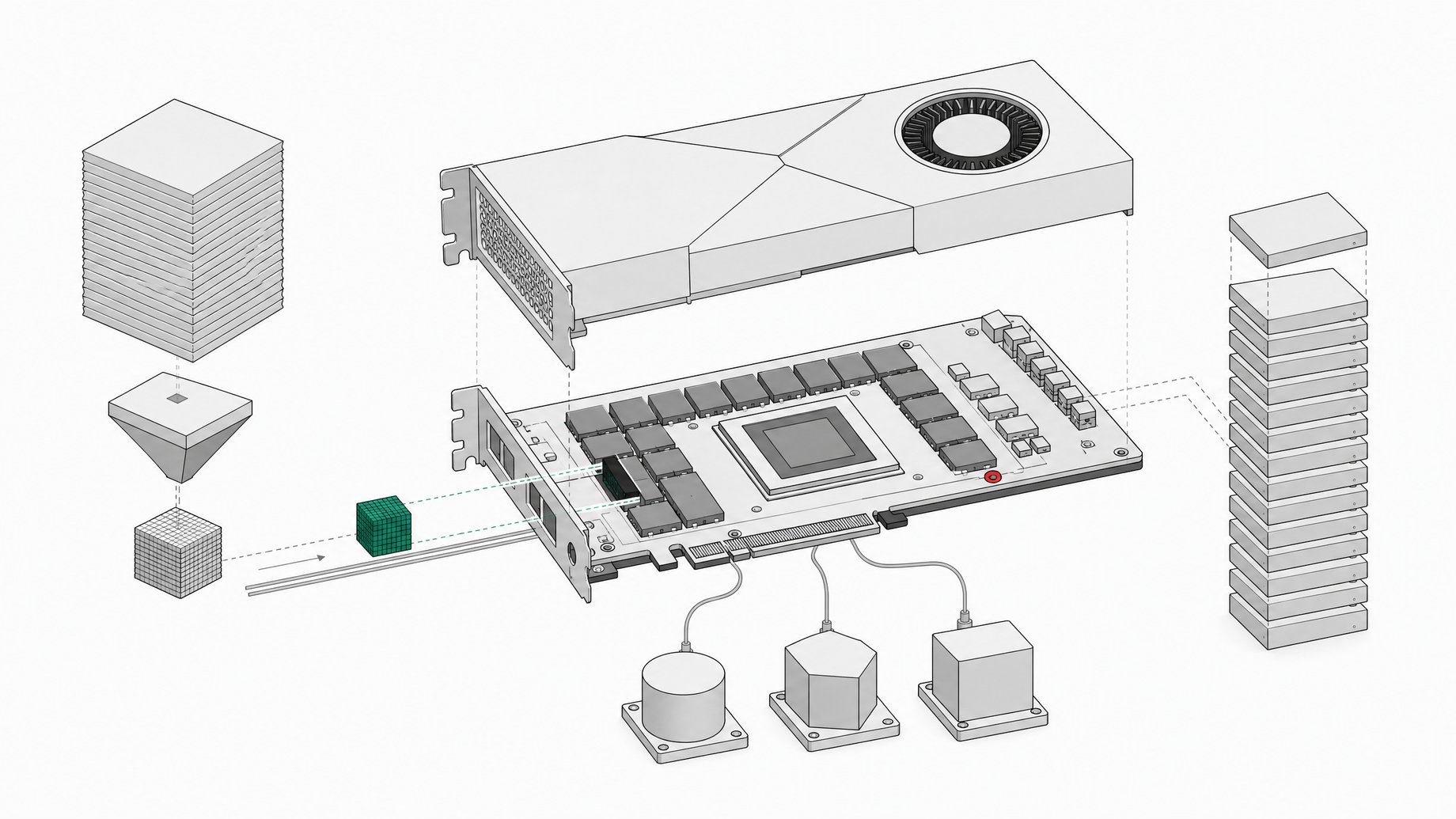 Exploded cutaway of a GPU card with a large model compressed into a small quantized file that fits into its memory, with three runtime modules attached, illustrating running a 40B model locally.