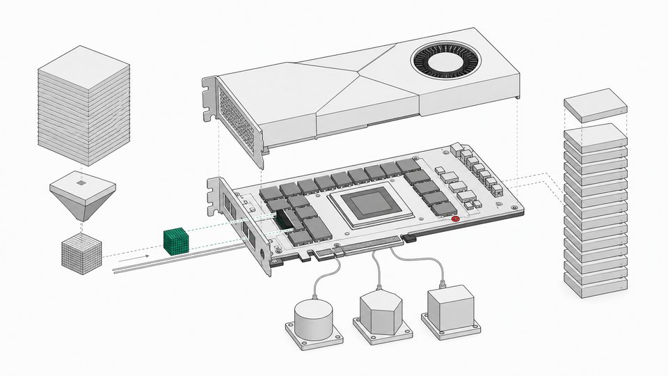 Exploded cutaway of a GPU card with a large model compressed into a small quantized file that fits into its memory, with three runtime modules attached, illustrating running a 40B model locally.