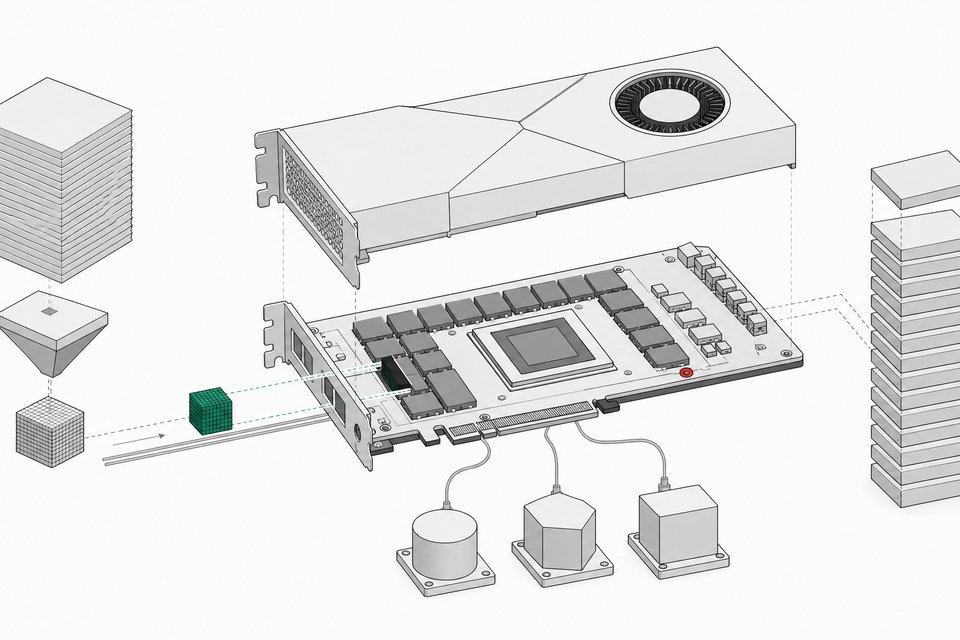 Exploded cutaway of a GPU card with a large model compressed into a small quantized file that fits into its memory, with three runtime modules attached, illustrating running a 40B model locally.