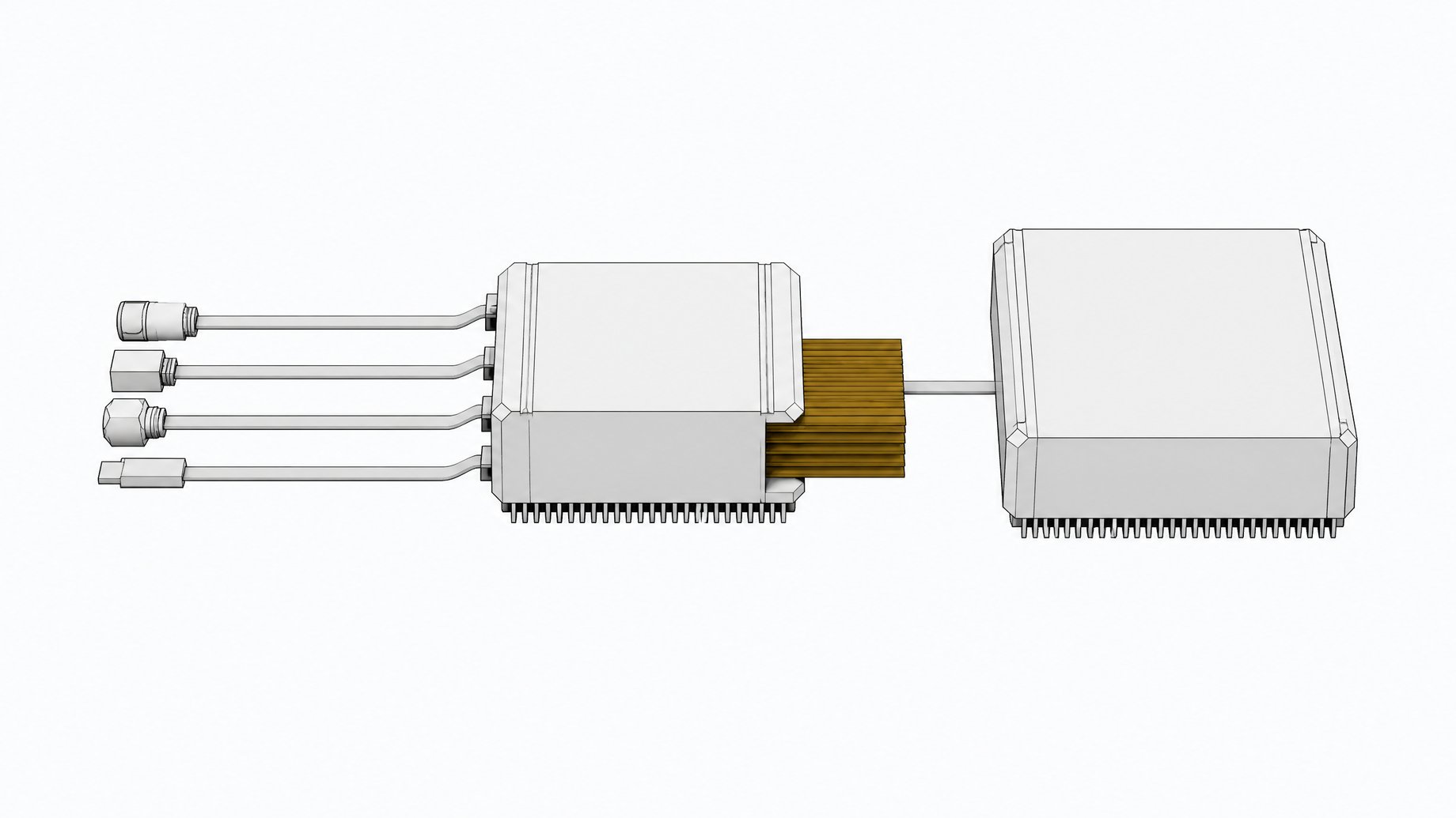 A compact memory-writer module with four harness connectors feeding in and a stack of memory record cards coming out, beside a similar reference module for comparison.