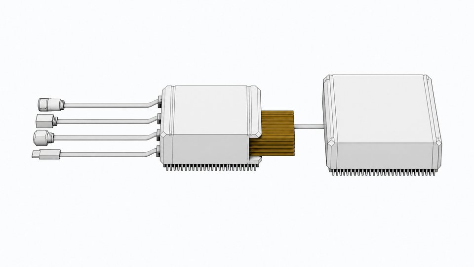 A compact memory-writer module with four harness connectors feeding in and a stack of memory record cards coming out, beside a similar reference module for comparison.