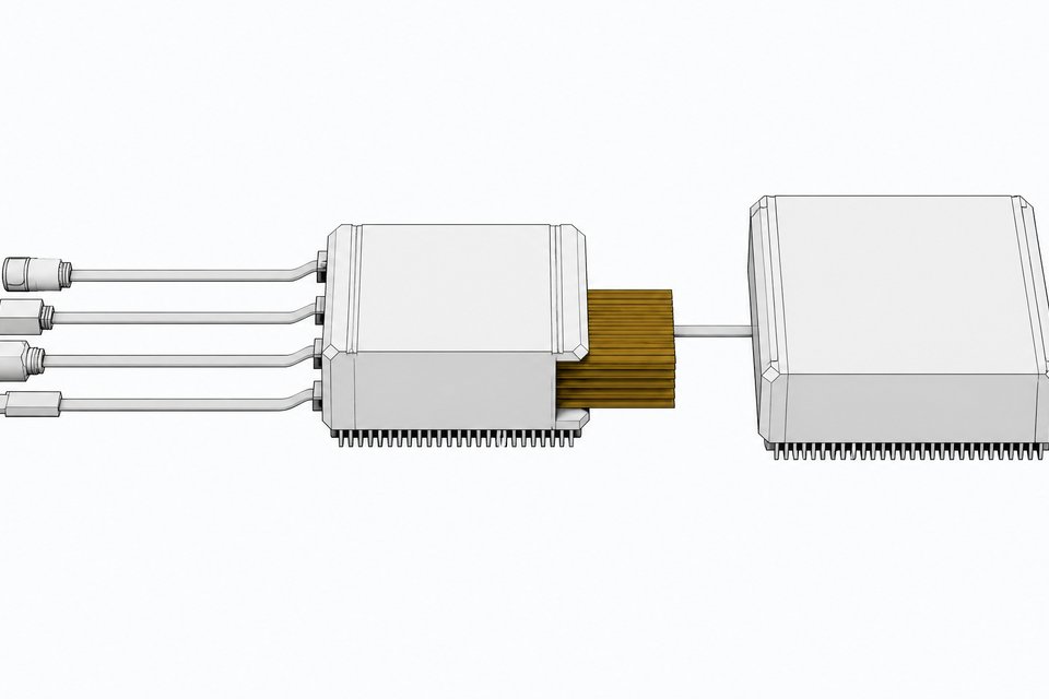 A compact memory-writer module with four harness connectors feeding in and a stack of memory record cards coming out, beside a similar reference module for comparison.