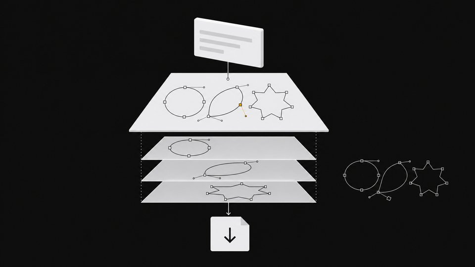 Layered diagram of a prompt turning into an editable vector emblem with visible anchor points and separable layers, exported as an SVG file, beside a flawed duplicate.