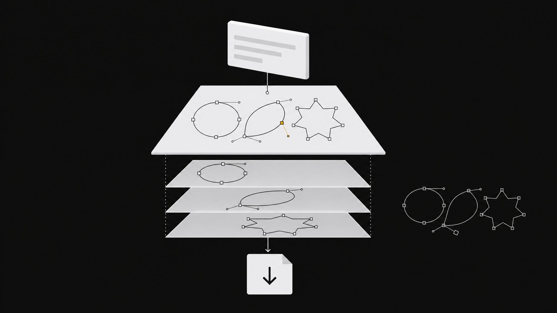 Layered diagram of a prompt turning into an editable vector emblem with visible anchor points and separable layers, exported as an SVG file, beside a flawed duplicate.