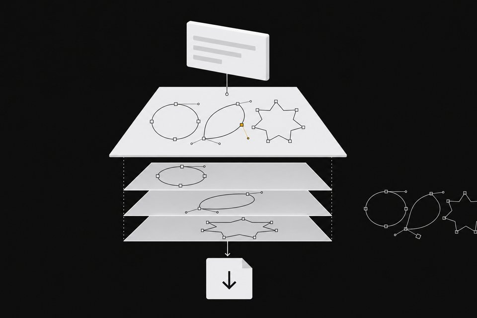 Layered diagram of a prompt turning into an editable vector emblem with visible anchor points and separable layers, exported as an SVG file, beside a flawed duplicate.