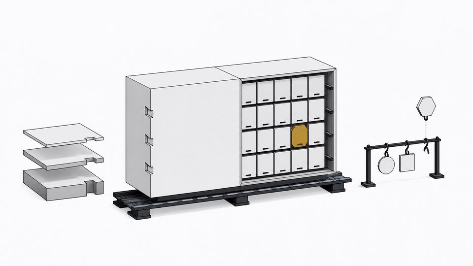A software package crate shown half sealed and half opened to reveal rows of modules, with one swapped-in module highlighted and a rack of keys being replaced, representing security patching and credential rotation.