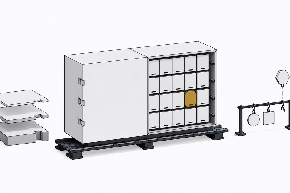 A software package crate shown half sealed and half opened to reveal rows of modules, with one swapped-in module highlighted and a rack of keys being replaced, representing security patching and credential rotation.