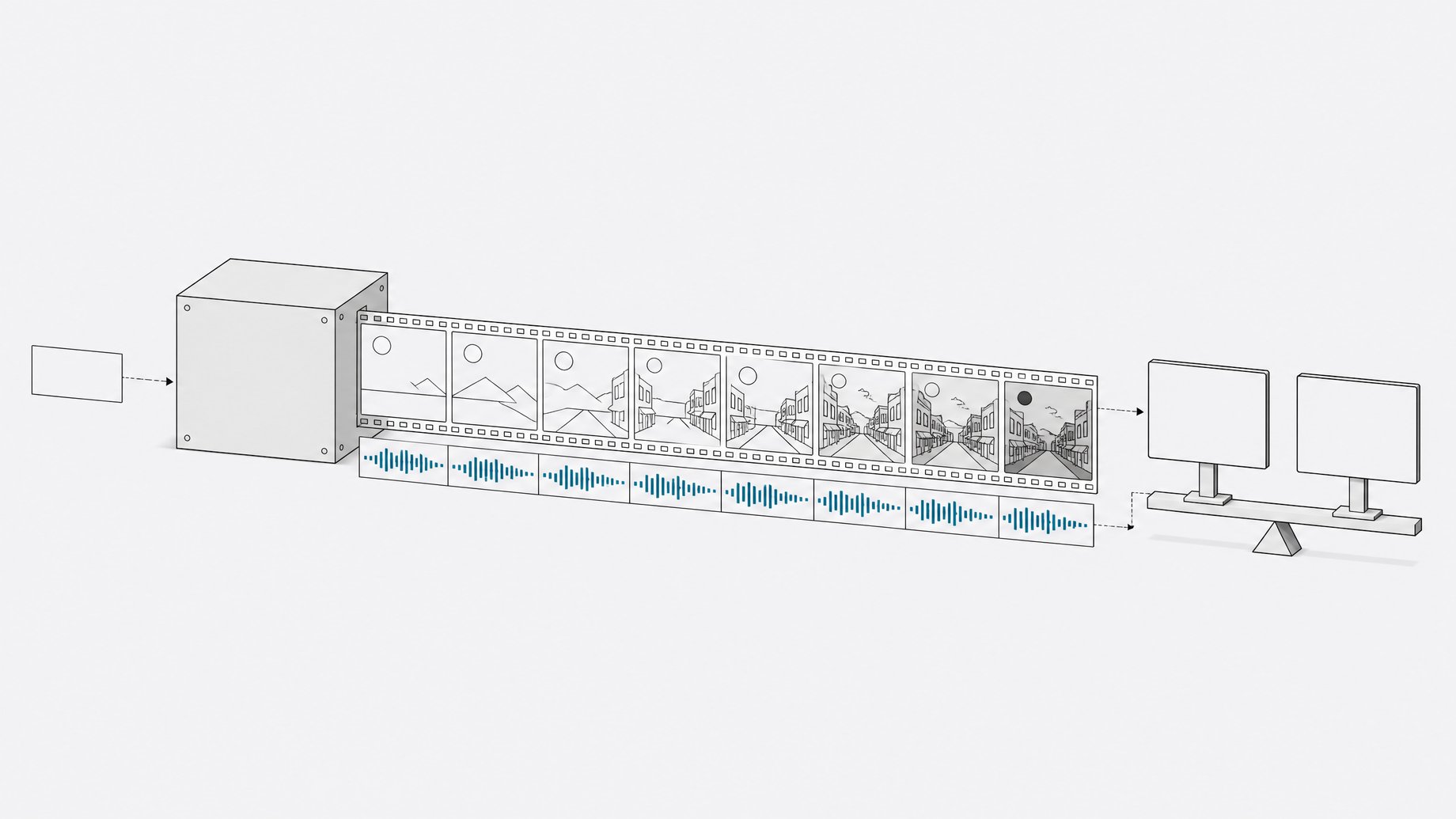 Diagram-style illustration of an unreleased text-to-video model: a prompt card enters a sealed housing, and synchronized video frames and an audio waveform flow out to two side-by-side comparison screens.