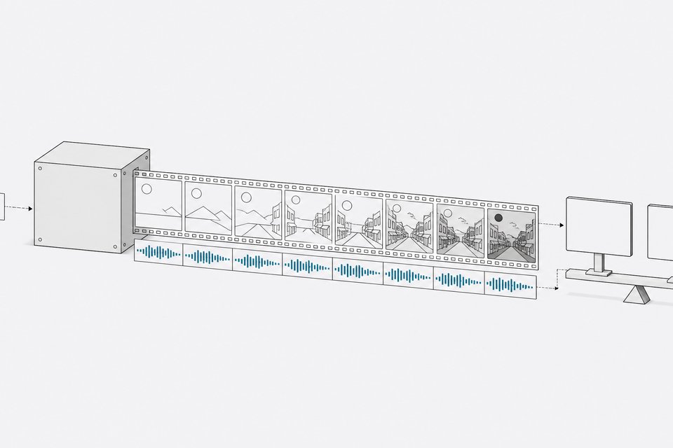 Diagram-style illustration of an unreleased text-to-video model: a prompt card enters a sealed housing, and synchronized video frames and an audio waveform flow out to two side-by-side comparison screens.