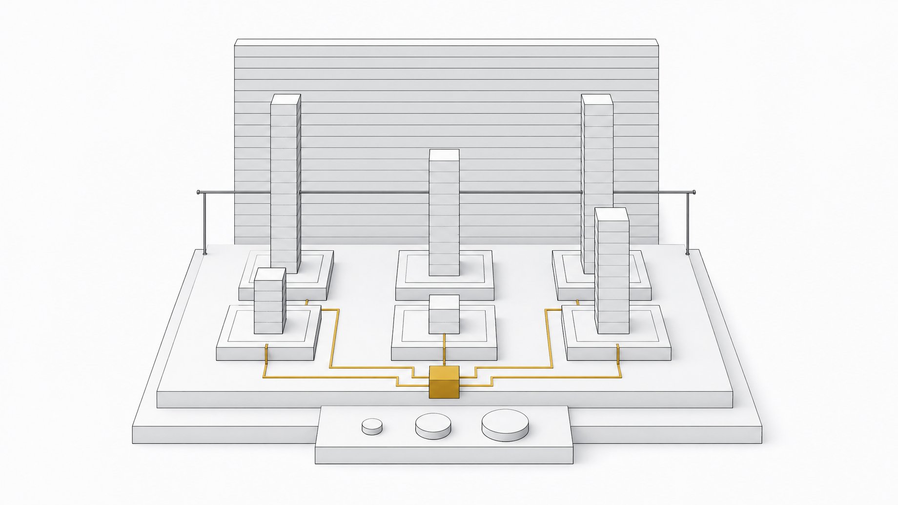 A stepped platform of six segmented score columns linked to a central aggregate node, beside a taller reference wall, depicting a six-task AI model benchmark comparison and cost.