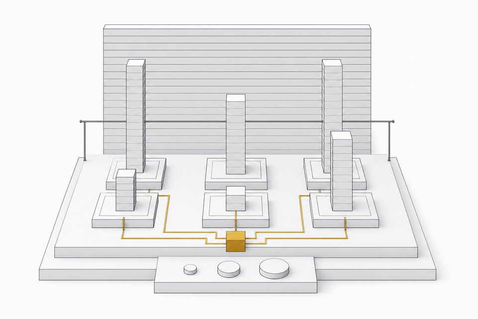 A stepped platform of six segmented score columns linked to a central aggregate node, beside a taller reference wall, depicting a six-task AI model benchmark comparison and cost.