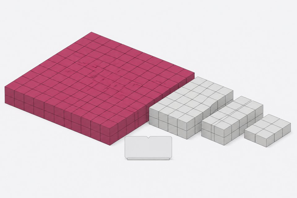 A block of one hundred cells where a large fused majority of sixty-eight is set against three smaller separate clusters, illustrating the ownership split of the Kling AI unit ahead of its planned IPO.