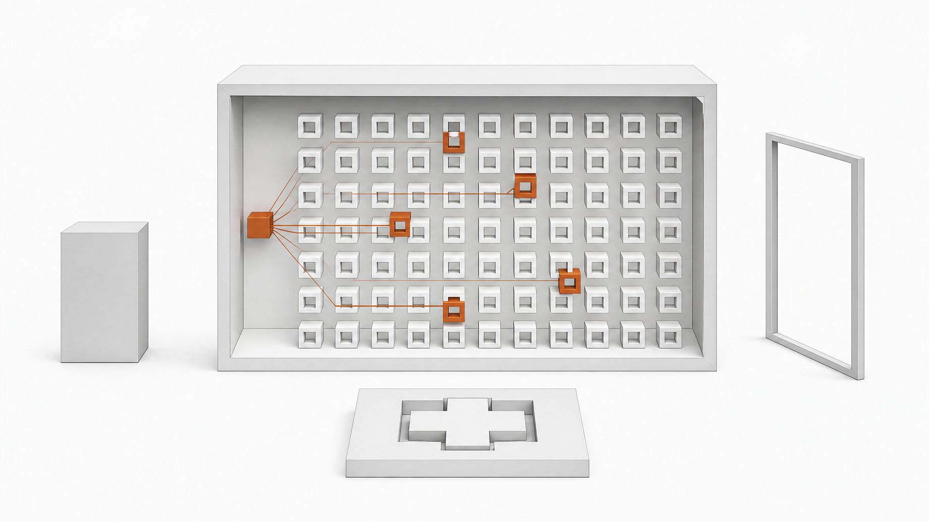 Cutaway diagram of a mixture-of-experts medical language model with a router activating a few expert blocks, beside a sealed opaque box and an empty image-input frame.