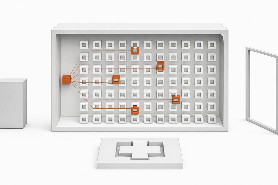 Cutaway diagram of a mixture-of-experts medical language model with a router activating a few expert blocks, beside a sealed opaque box and an empty image-input frame.