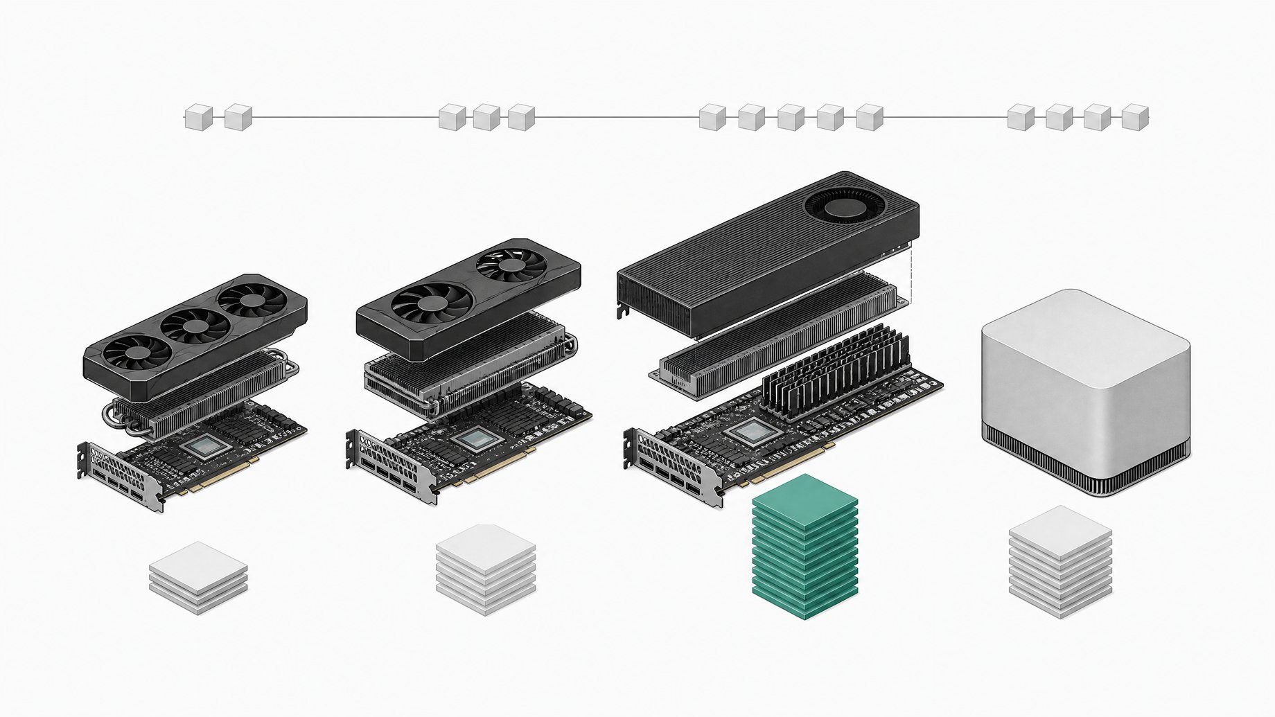 Four local LLM hardware tiers, from consumer GPUs to a workstation card and a sealed desktop unit, each paired with a stack of tiles showing relative tokens per second.