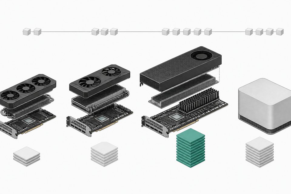Four local LLM hardware tiers, from consumer GPUs to a workstation card and a sealed desktop unit, each paired with a stack of tiles showing relative tokens per second.