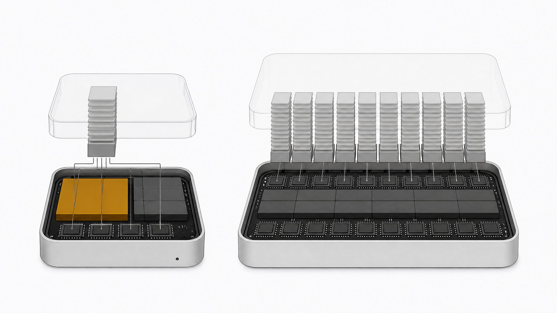 Cutaway of a Mac mini showing its RAM chips and storage tiles, with a large local model block and a stack of agent process cards claiming memory.
