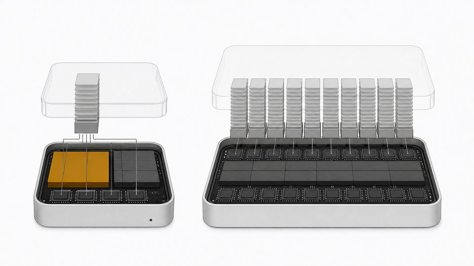 Cutaway of a Mac mini showing its RAM chips and storage tiles, with a large local model block and a stack of agent process cards claiming memory.