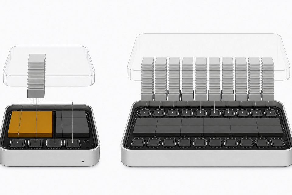 Cutaway of a Mac mini showing its RAM chips and storage tiles, with a large local model block and a stack of agent process cards claiming memory.