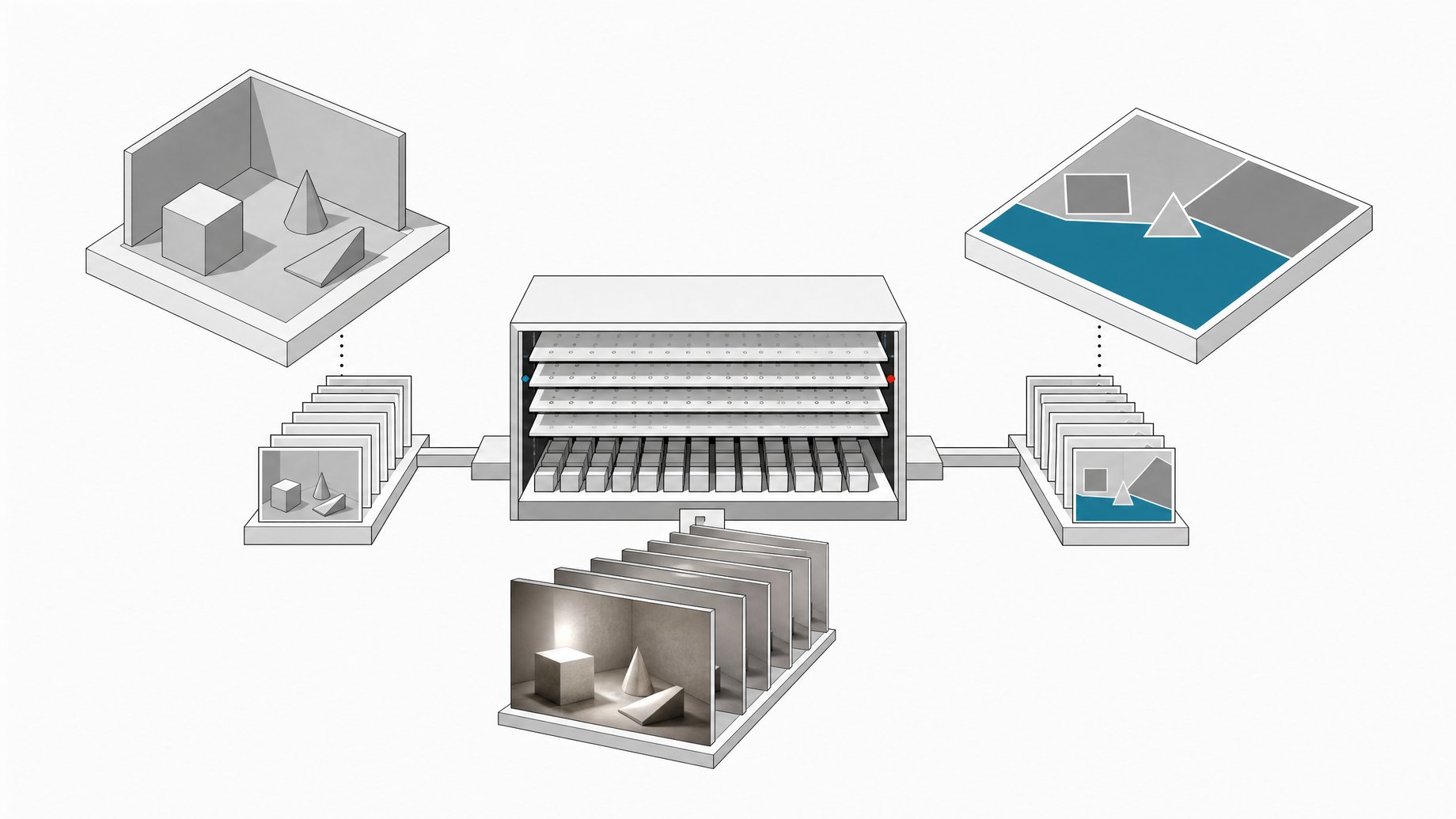 Cutaway diagram of two game-rendering pipelines, one feeding a low-poly render and the other a color-coded segmentation map into a shared video model that outputs detailed frames.