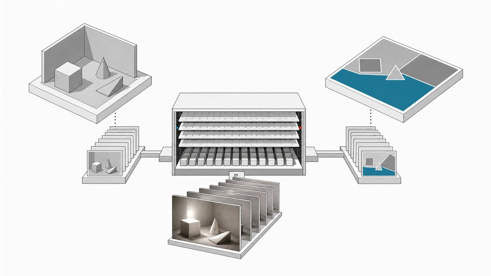 Cutaway diagram of two game-rendering pipelines, one feeding a low-poly render and the other a color-coded segmentation map into a shared video model that outputs detailed frames.