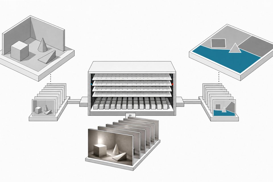 Cutaway diagram of two game-rendering pipelines, one feeding a low-poly render and the other a color-coded segmentation map into a shared video model that outputs detailed frames.