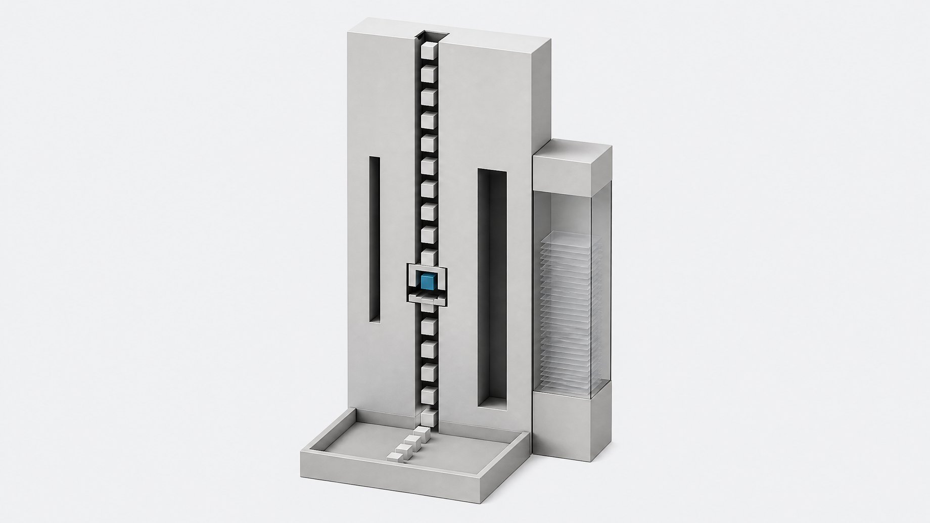 A slim metering module with a single file of tokens passing through a gate into a collecting tray, with a separate compact stack of cached tokens, illustrating per-token pricing for the Mercury 3 language model.