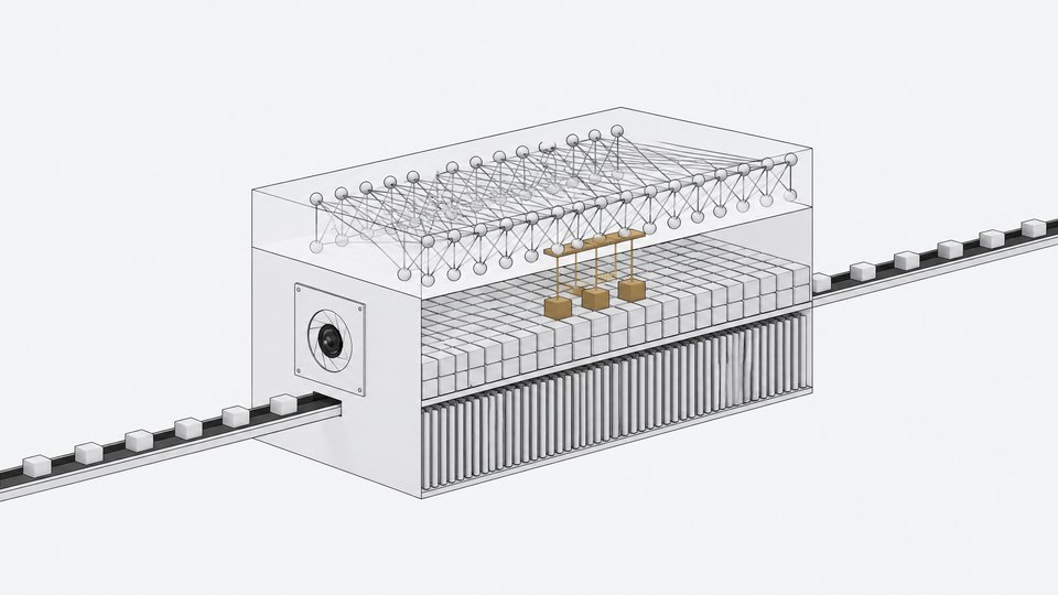 Cutaway block diagram of NVIDIA Nemotron 3.5 Super VL showing Mamba-2 layers, sparse mixture-of-experts cells with a few active, attention layers, and a long token channel for 1M context.