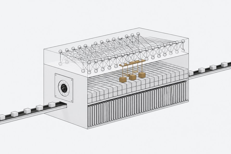 Cutaway block diagram of NVIDIA Nemotron 3.5 Super VL showing Mamba-2 layers, sparse mixture-of-experts cells with a few active, attention layers, and a long token channel for 1M context.