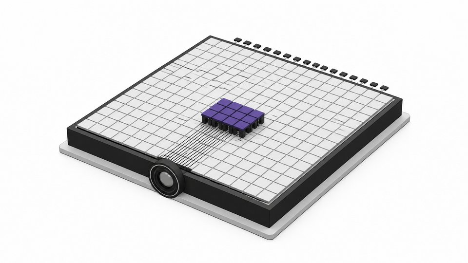 A processor module with a grid of many tiles, a small raised cluster of active tiles and a lens ring on its edge, representing a large sparse vision-language model with few active parameters.