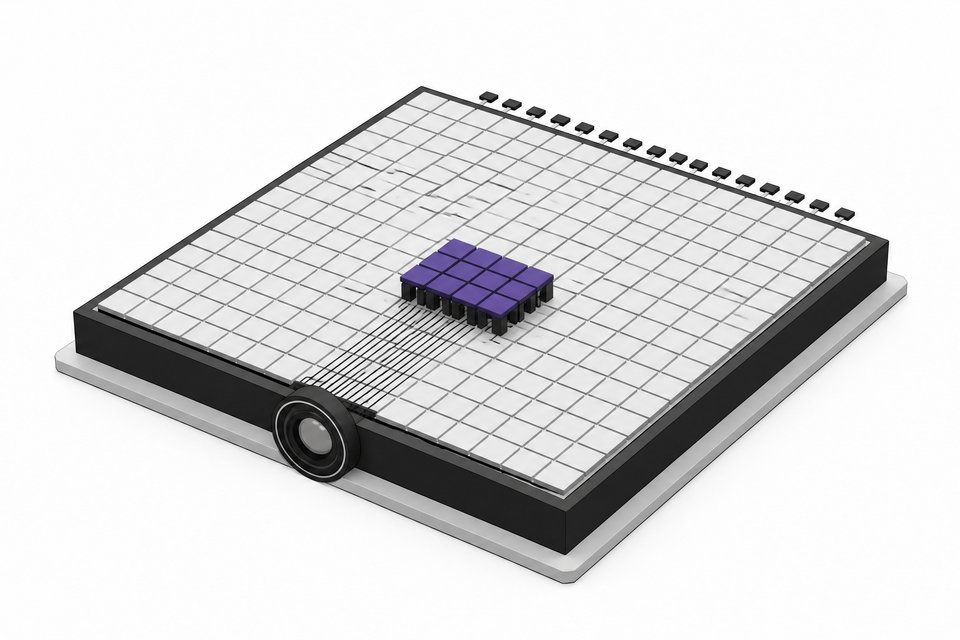 A processor module with a grid of many tiles, a small raised cluster of active tiles and a lens ring on its edge, representing a large sparse vision-language model with few active parameters.