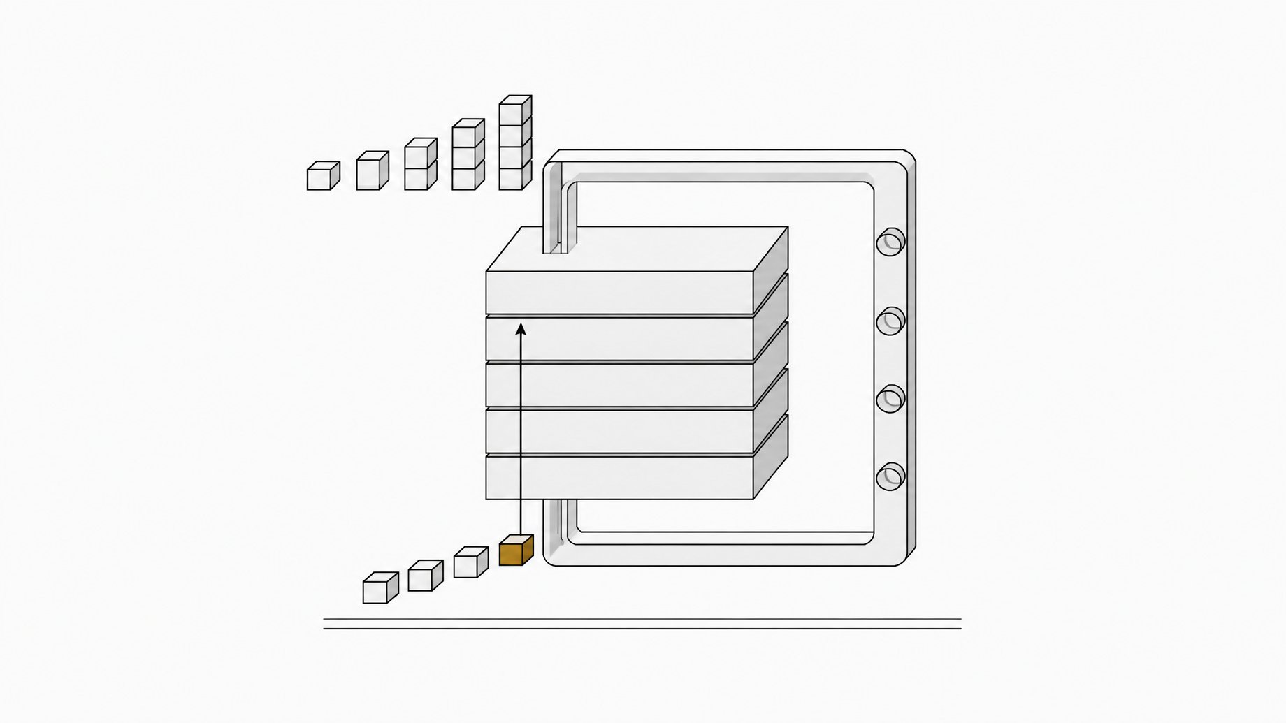 Diagram-like illustration of a looped language model: one shared layer block with a return conduit that feeds tokens back through the same layers repeatedly.