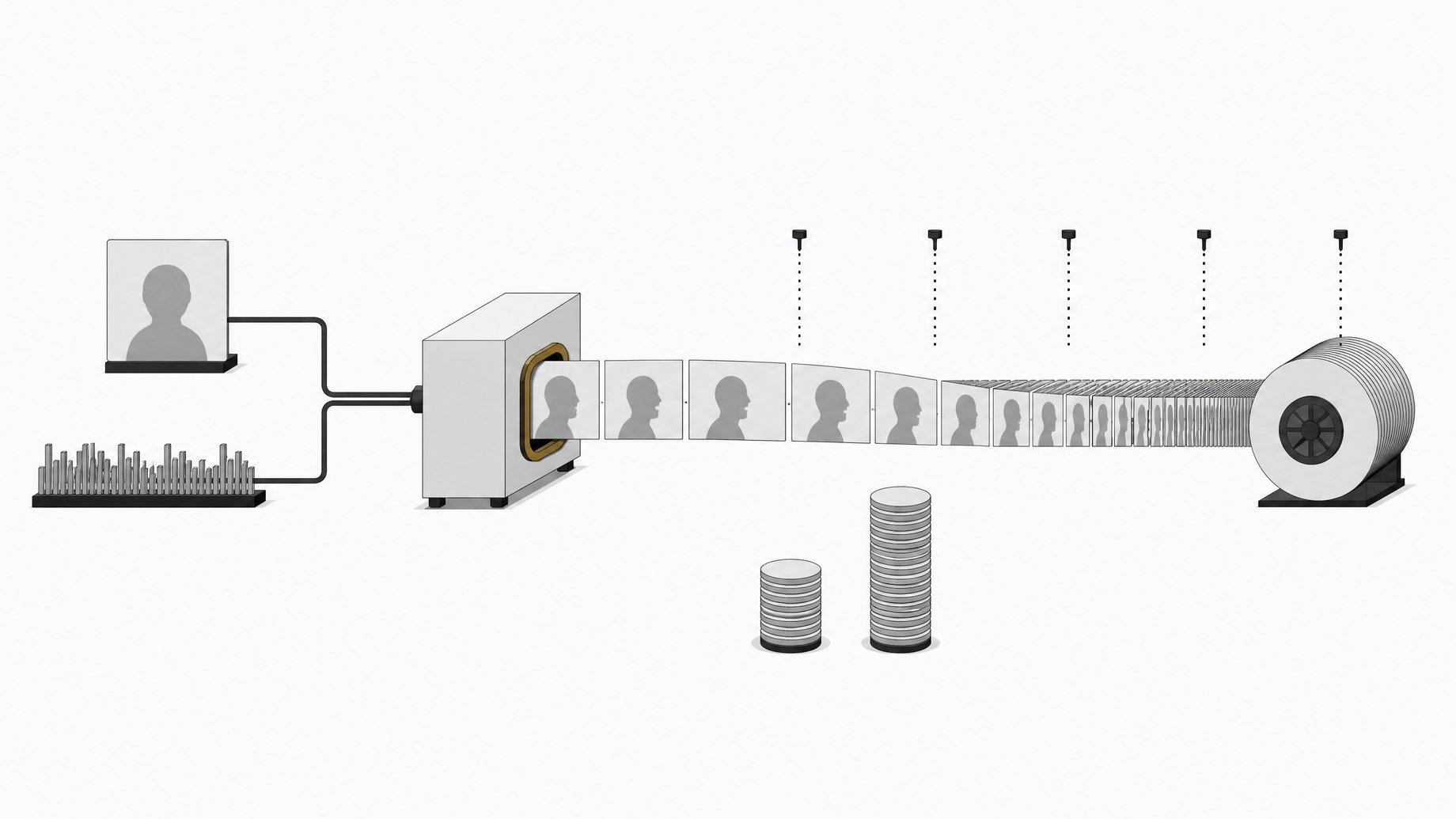 Diagram-like illustration of OmniHuman 2.0: a still portrait and an audio waveform feed a central model that outputs a long ribbon of video frames, next to two unequal coin stacks for the lower per-second price.