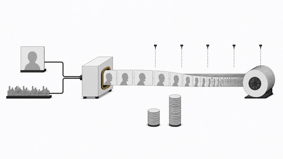 Diagram-like illustration of OmniHuman 2.0: a still portrait and an audio waveform feed a central model that outputs a long ribbon of video frames, next to two unequal coin stacks for the lower per-second price.