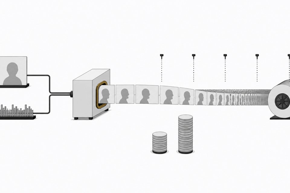 Diagram-like illustration of OmniHuman 2.0: a still portrait and an audio waveform feed a central model that outputs a long ribbon of video frames, next to two unequal coin stacks for the lower per-second price.