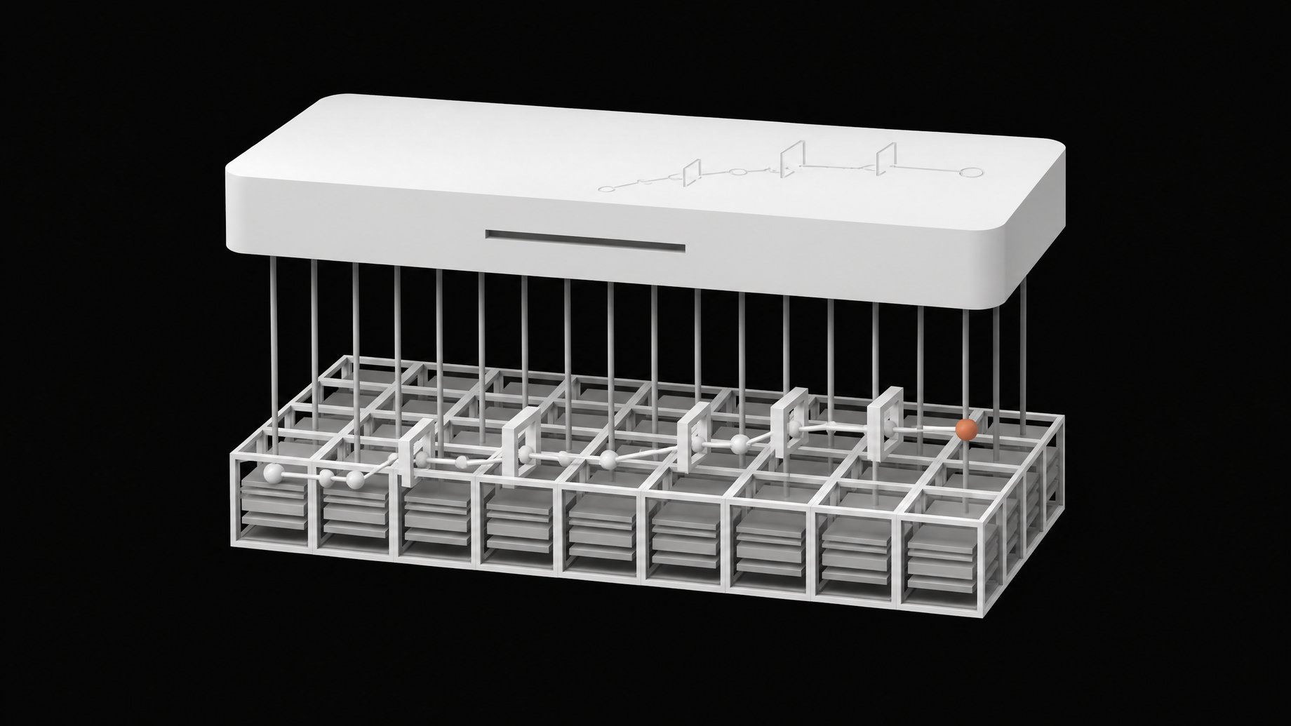 An isometric stack showing a sealed, closed model block above an open lattice of modular weight cells, joined by matching connectors, with an attack-path graph ending in one highlighted node.