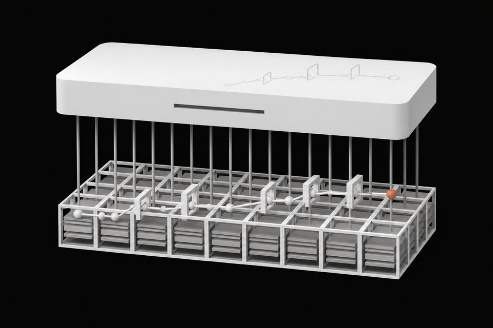 An isometric stack showing a sealed, closed model block above an open lattice of modular weight cells, joined by matching connectors, with an attack-path graph ending in one highlighted node.
