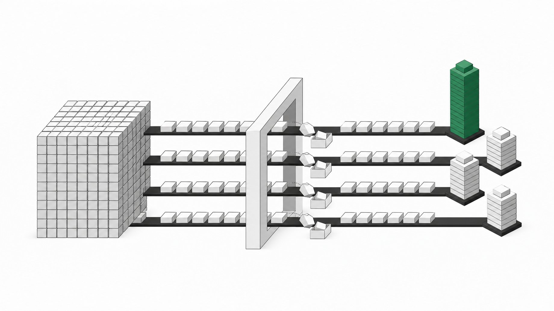 A diagram-like pipeline in which a large model block sends coding-task tiles along four rails through an inspection gate into columns of different heights, one column accented, illustrating benchmark comparison of coding models.