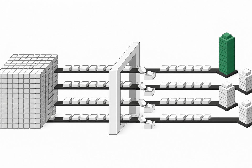 A diagram-like pipeline in which a large model block sends coding-task tiles along four rails through an inspection gate into columns of different heights, one column accented, illustrating benchmark comparison of coding models.