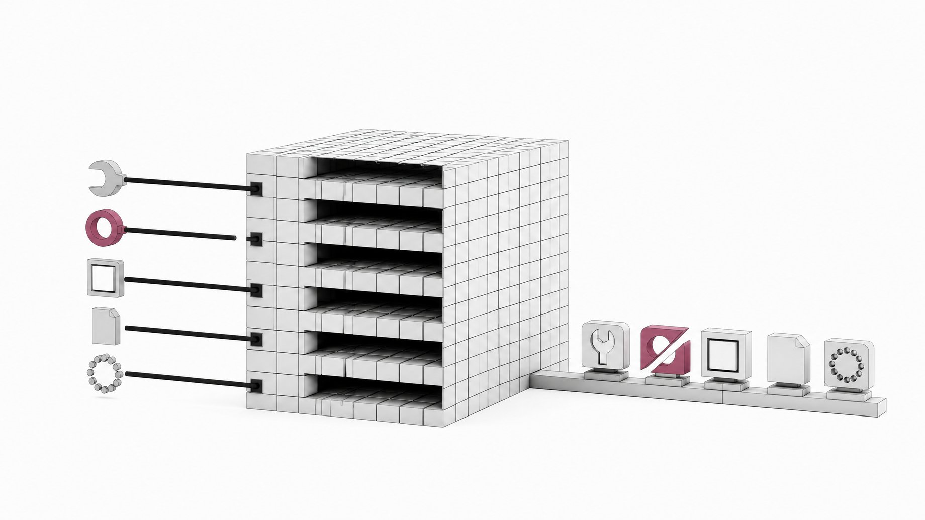 A cutaway lattice block representing the Ornith-1.5-122B model, with five tool-tipped probes feeding into it and five output tiles, one of which is split to show where a test failed.