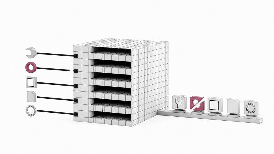 A cutaway lattice block representing the Ornith-1.5-122B model, with five tool-tipped probes feeding into it and five output tiles, one of which is split to show where a test failed.