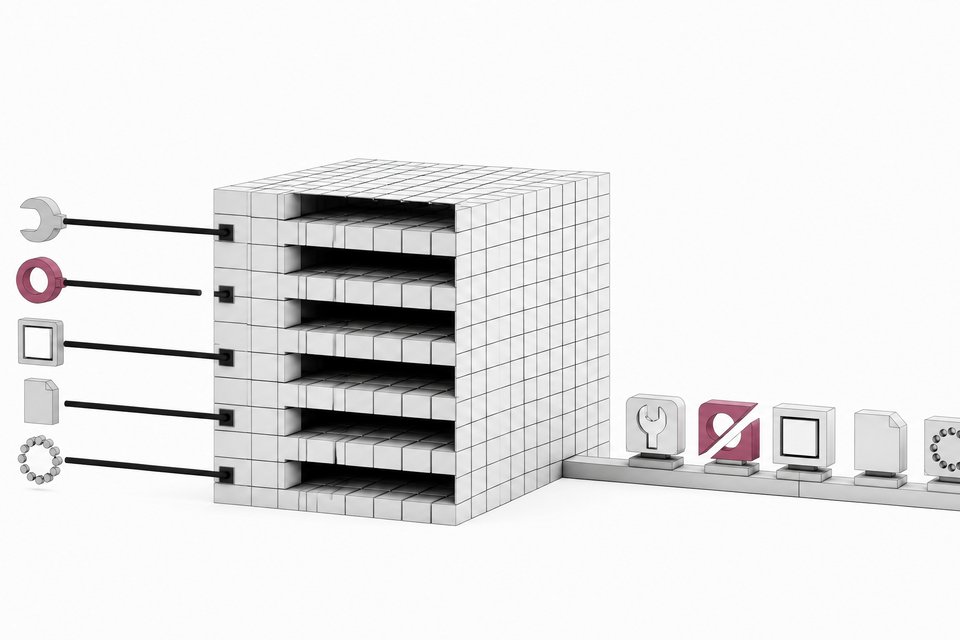 A cutaway lattice block representing the Ornith-1.5-122B model, with five tool-tipped probes feeding into it and five output tiles, one of which is split to show where a test failed.