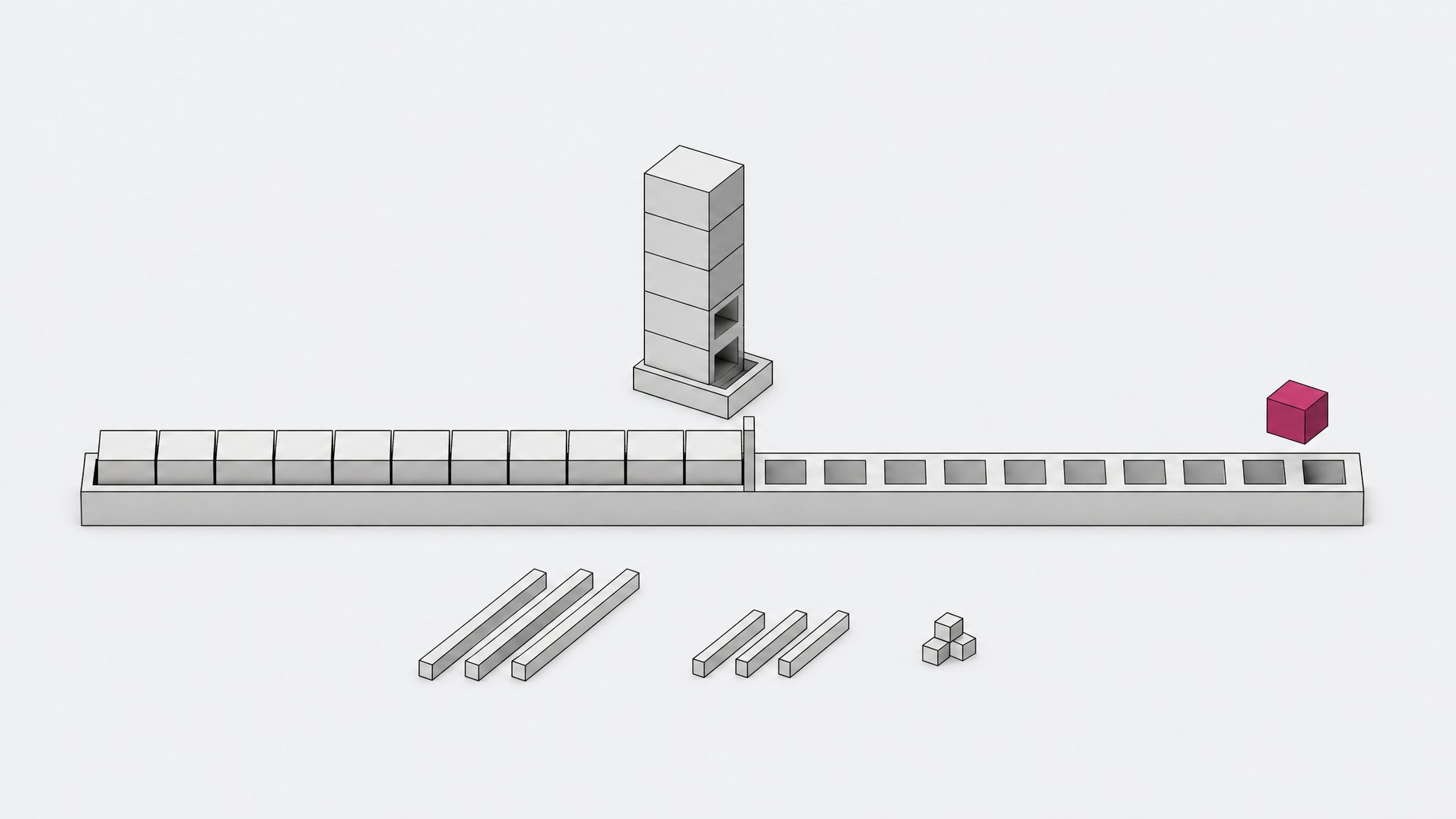A rail of identical blocks, some removed in a stepped pattern, shows usage-limit windows being consumed, with one lifted block marking the reset and shortened rods suggesting token savings.
