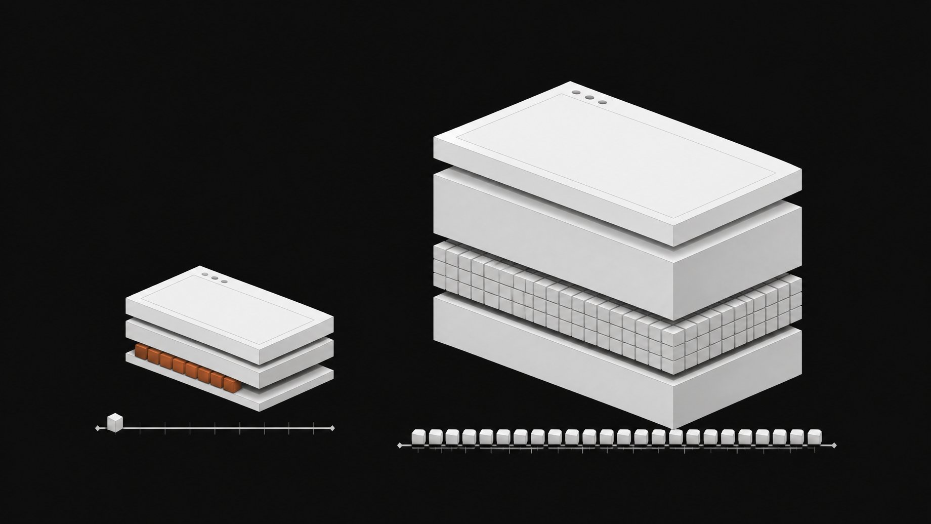 Isometric cross-section comparison of a lean, low application stack against a tall, dense one, with short and long startup rails showing differences in launch time and idle memory use.