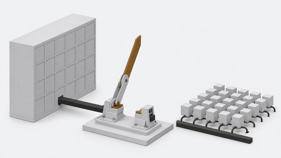 A large open knife-switch interrupting the power feed to one big compute block, while many small identical model cubes stay connected on a separate bus, depicting how an AI pause would affect frontier training but not already-distributed open-weight models.
