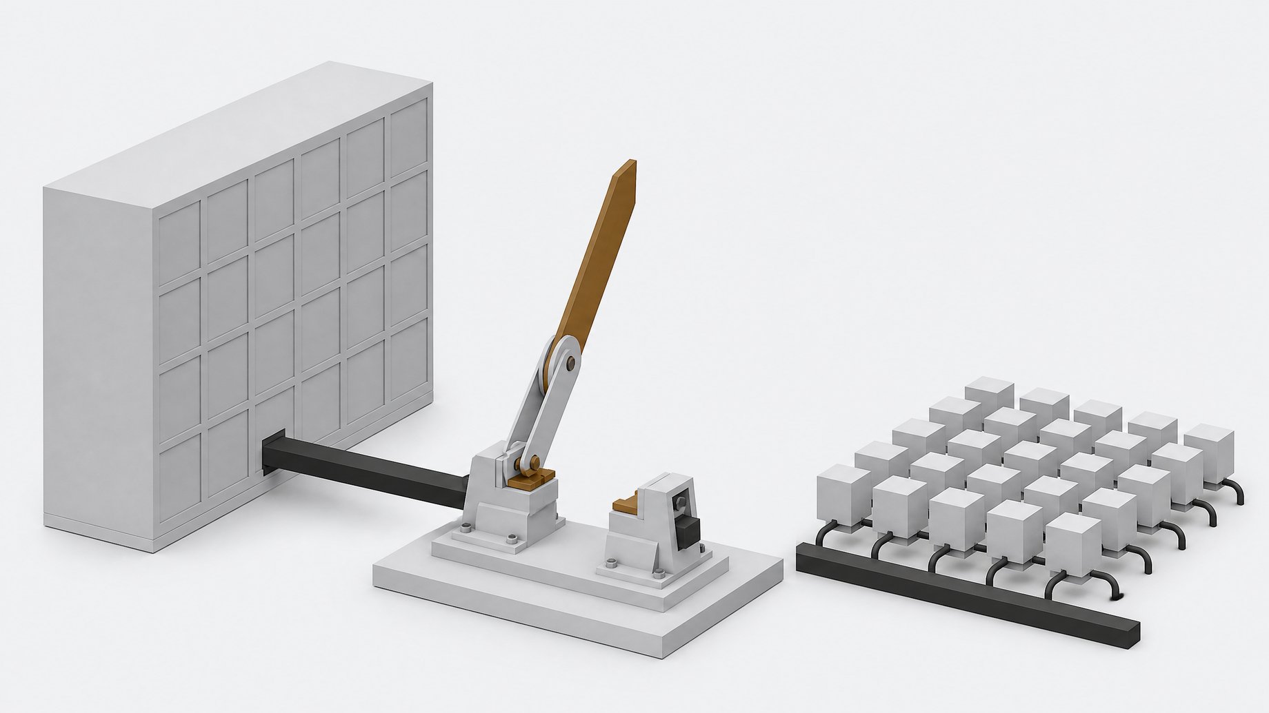 A large open knife-switch interrupting the power feed to one big compute block, while many small identical model cubes stay connected on a separate bus, depicting how an AI pause would affect frontier training but not already-distributed open-weight models.