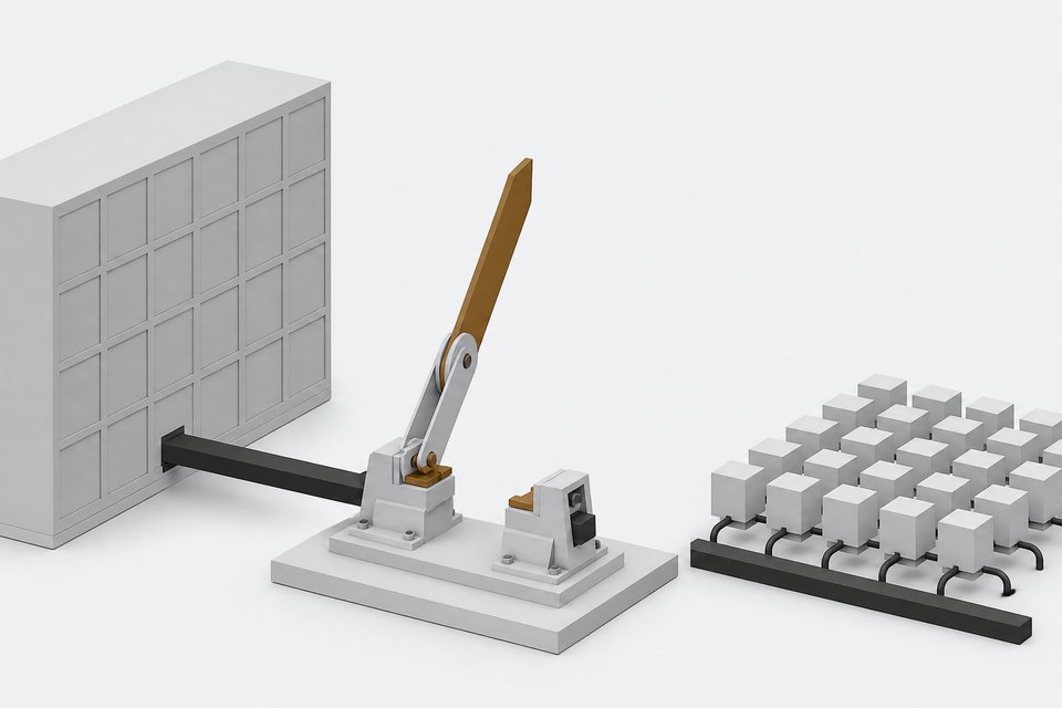A large open knife-switch interrupting the power feed to one big compute block, while many small identical model cubes stay connected on a separate bus, depicting how an AI pause would affect frontier training but not already-distributed open-weight models.