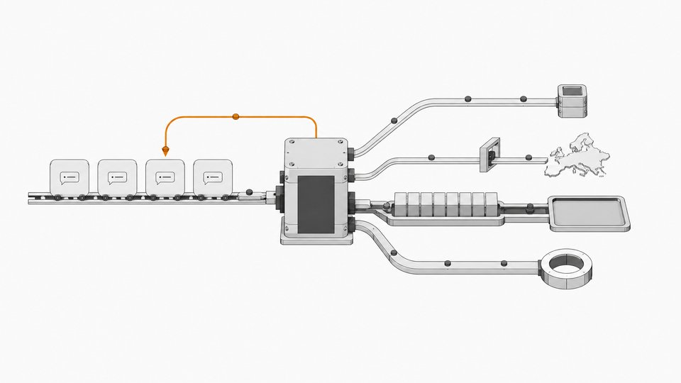 Diagram-like illustration of a personal AI agent routing chat messages through a central block into four output channels, with one proactive loop returning to the input.