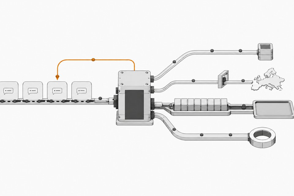 Diagram-like illustration of a personal AI agent routing chat messages through a central block into four output channels, with one proactive loop returning to the input.