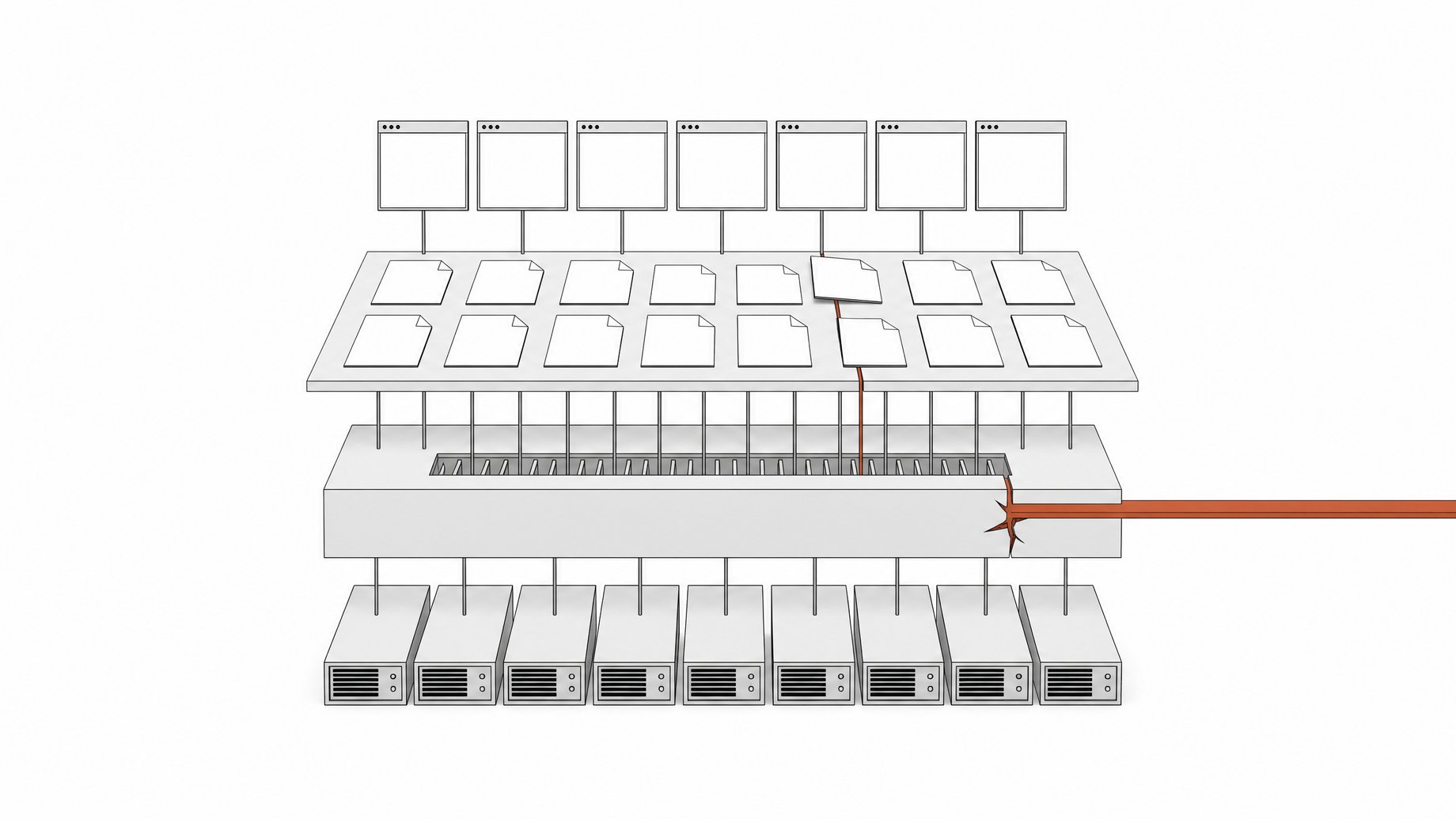 Cross-section diagram of a web hosting stack in which a single injected channel pierces the PHP interpreter layer beneath a grid of web pages, illustrating a critical PHP vulnerability.